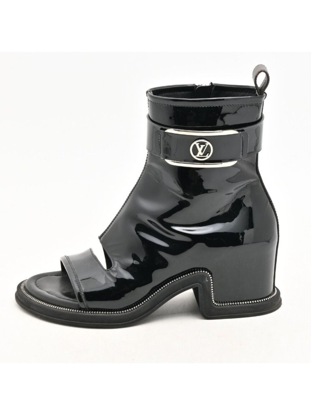 Louis Vuitton Short Boots Black Silver Buckle Studs Open Toe Side Zip Leather